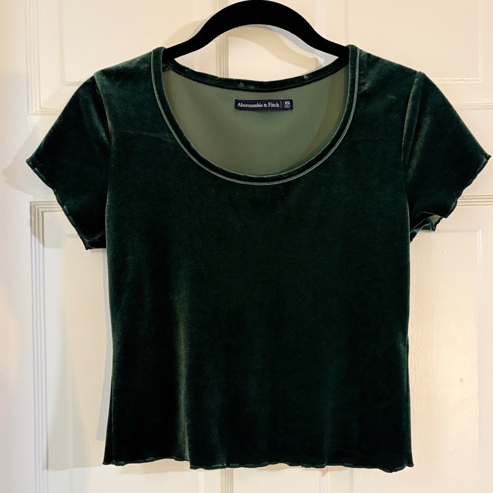Abercrombie & Fitch Dark Green Velvet Scoop Neck Short Sleeve Top XS